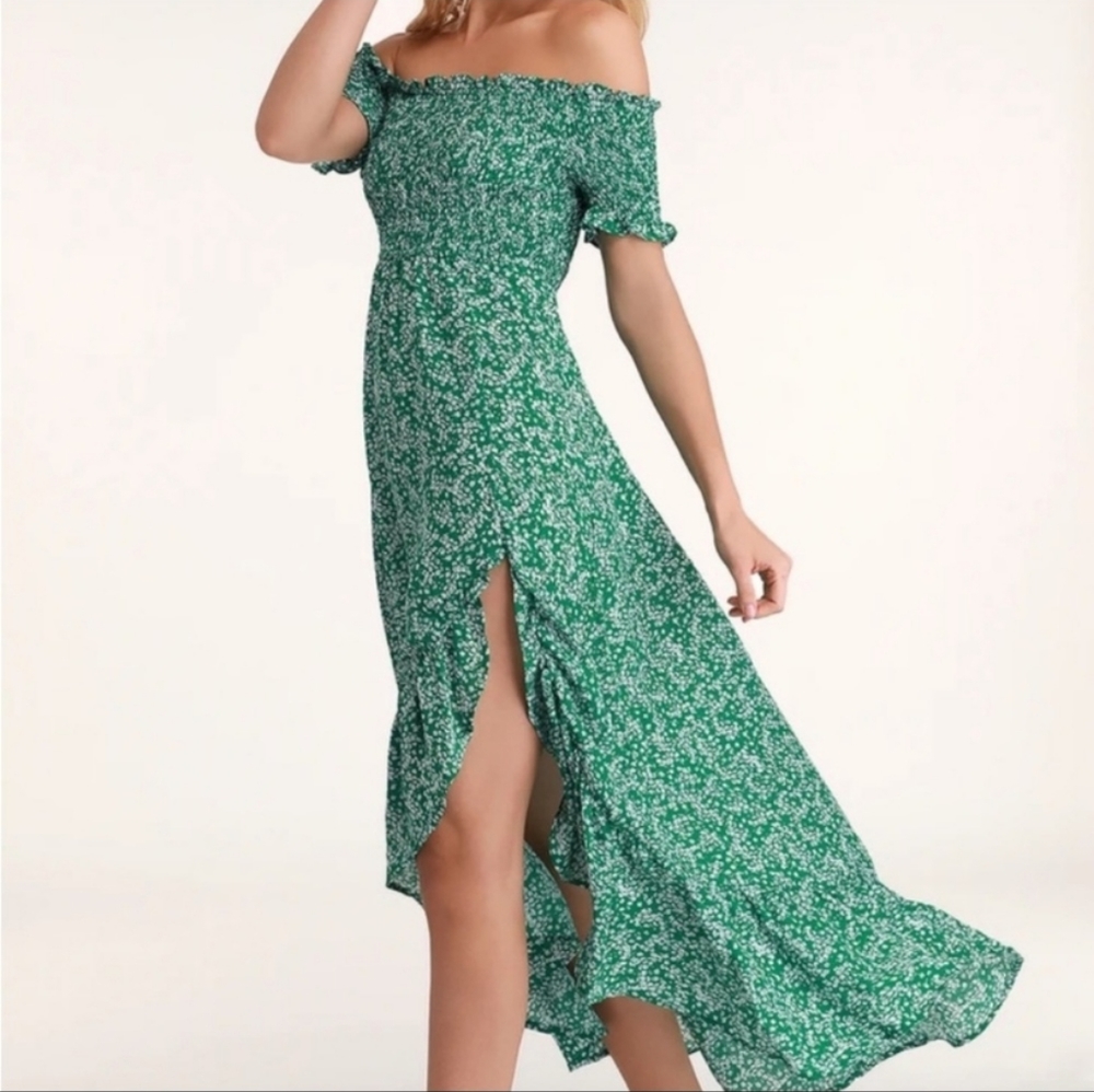 Lulus Fleur-tation Smocked Ruffle Midi Green Floral size XS
